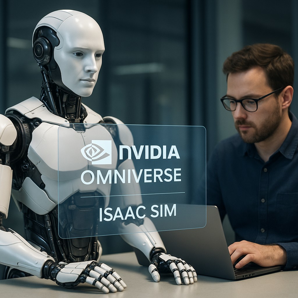 Photorealistic humanoid robot beside a man coding on a laptop, with a transparent holographic screen displaying NVIDIA Omniverse and Isaac Sim logos in a futuristic lab setting.